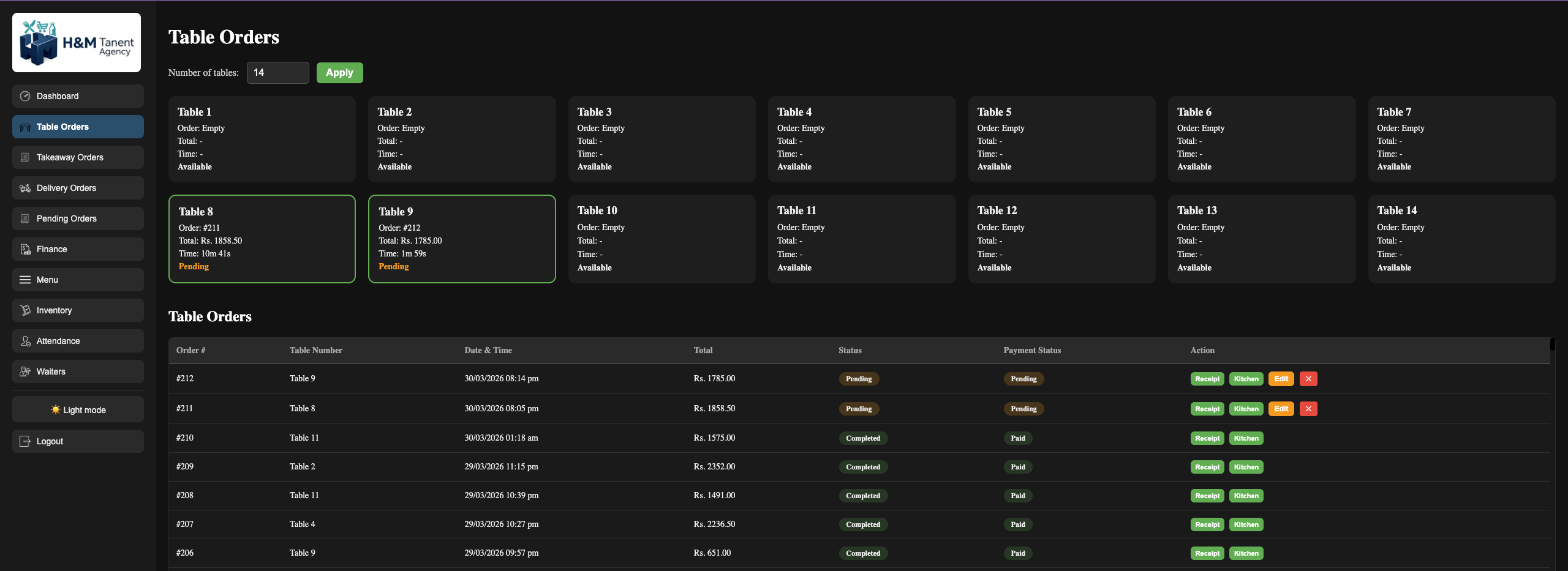 Table orders — floor layout and order list
